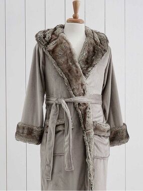 Pottery Barn plush Hooded Bathrobe with Faux Fur Trim - Taupe